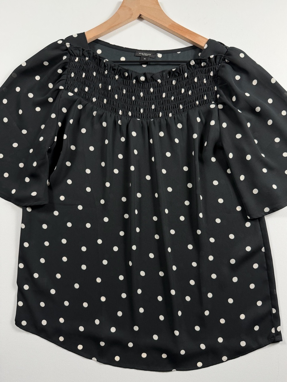 Ann Taylor Factory Polka Dot Smocked Flutter Sleeve Blouse Black XS